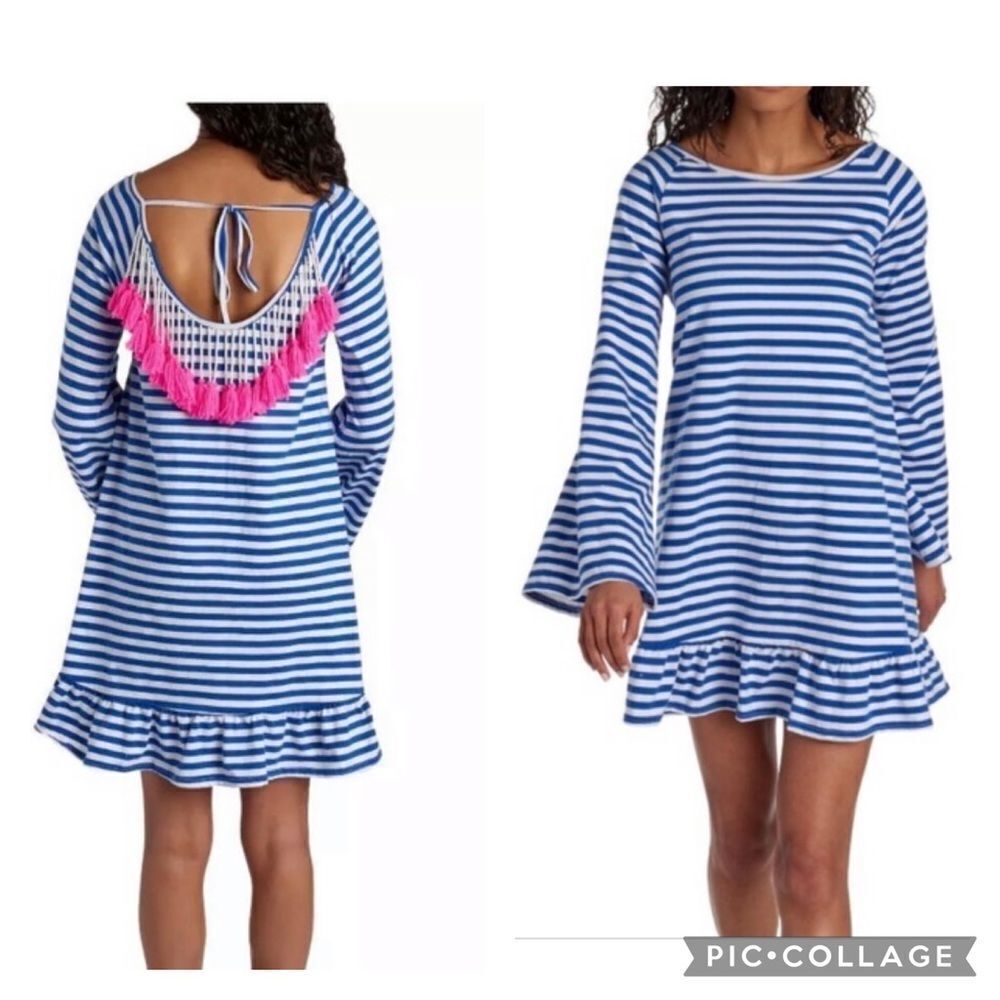 PHILOSOPHY Blue and White Striped Ruffle Dress Bell Sleeves Size Small.